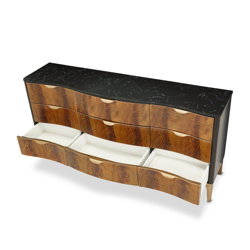 AICO Malibu Crest 9 Drawer Dresser in Crotch Mahogany