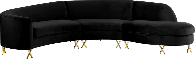 Serpentine Black Velvet 3pc. Sectional