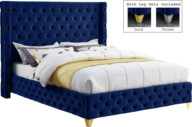 Savan Navy Velvet Queen Bed