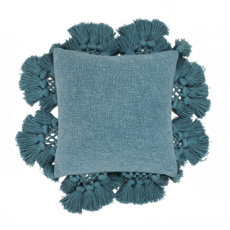 Stone Washed Denim Blue Cotton Tasseled Pillow