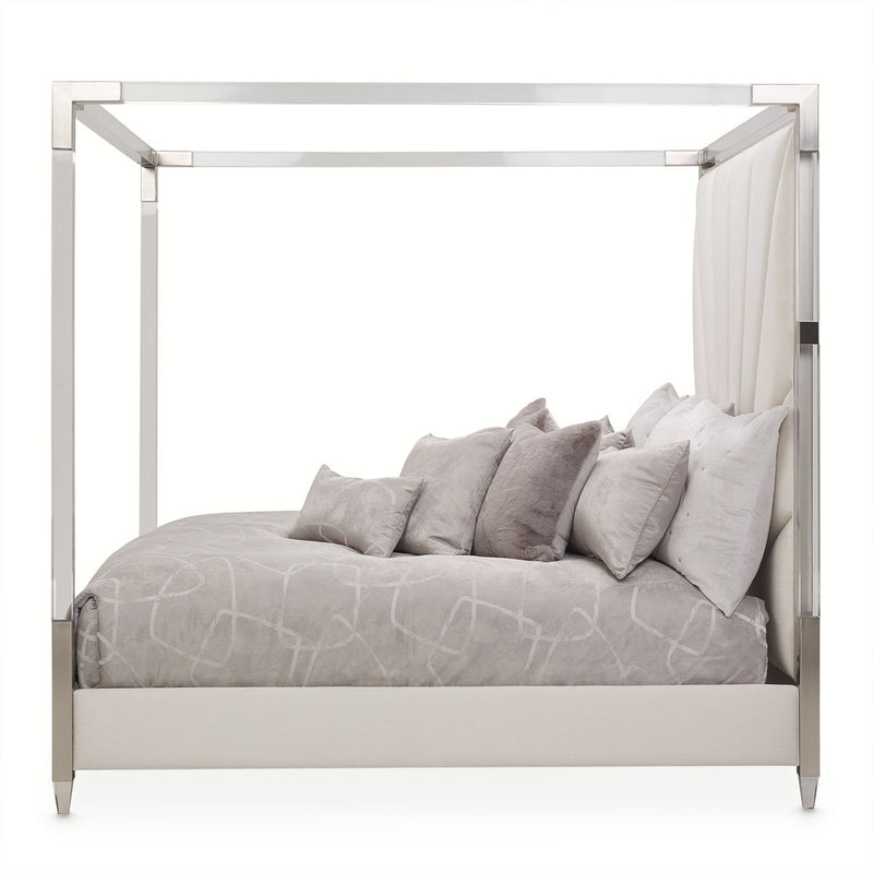 AICO Penthouse/Lanterna King Canopy Channel Tufted Upholstered Bed in Silver Mist