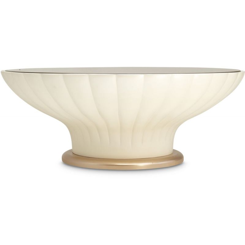 AICO La Rachelle Round Scalloped Cocktail Table with Glass in Medium Champagne