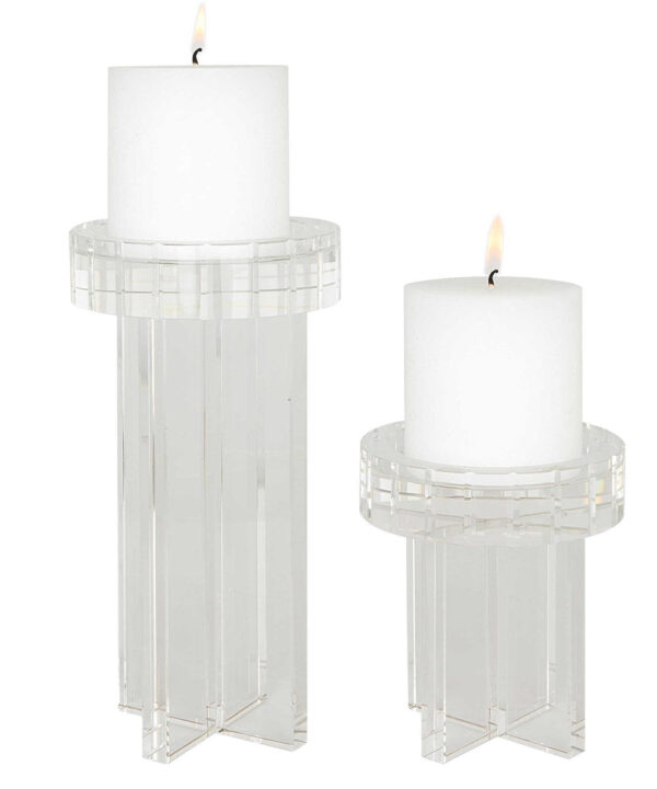 CRYSTAL PILLAR CANDLEHOLDERS, S/2