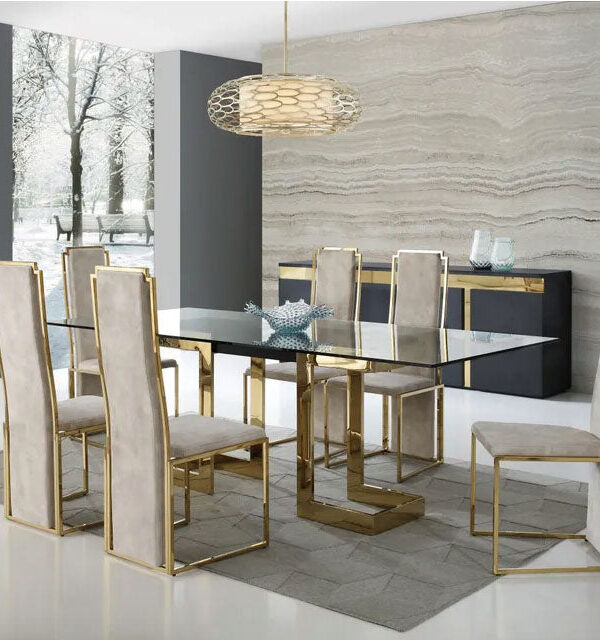 7 piece Kiki Glass and Gold Dining Set SKU: DRS0007