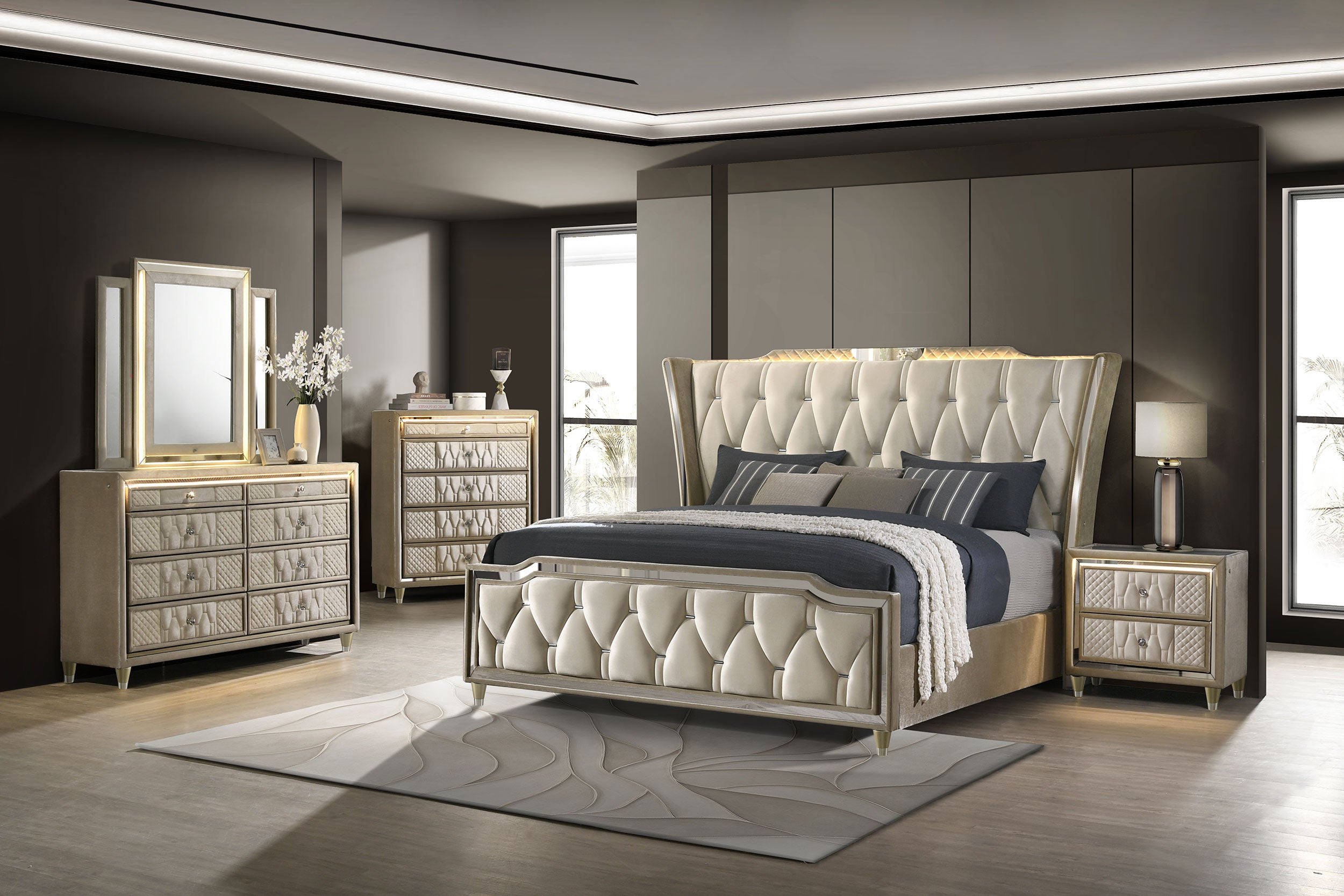 Lorient Wingback Bed with LED Lighting - Luxe Home Furnishings (Jersey City, NJ)