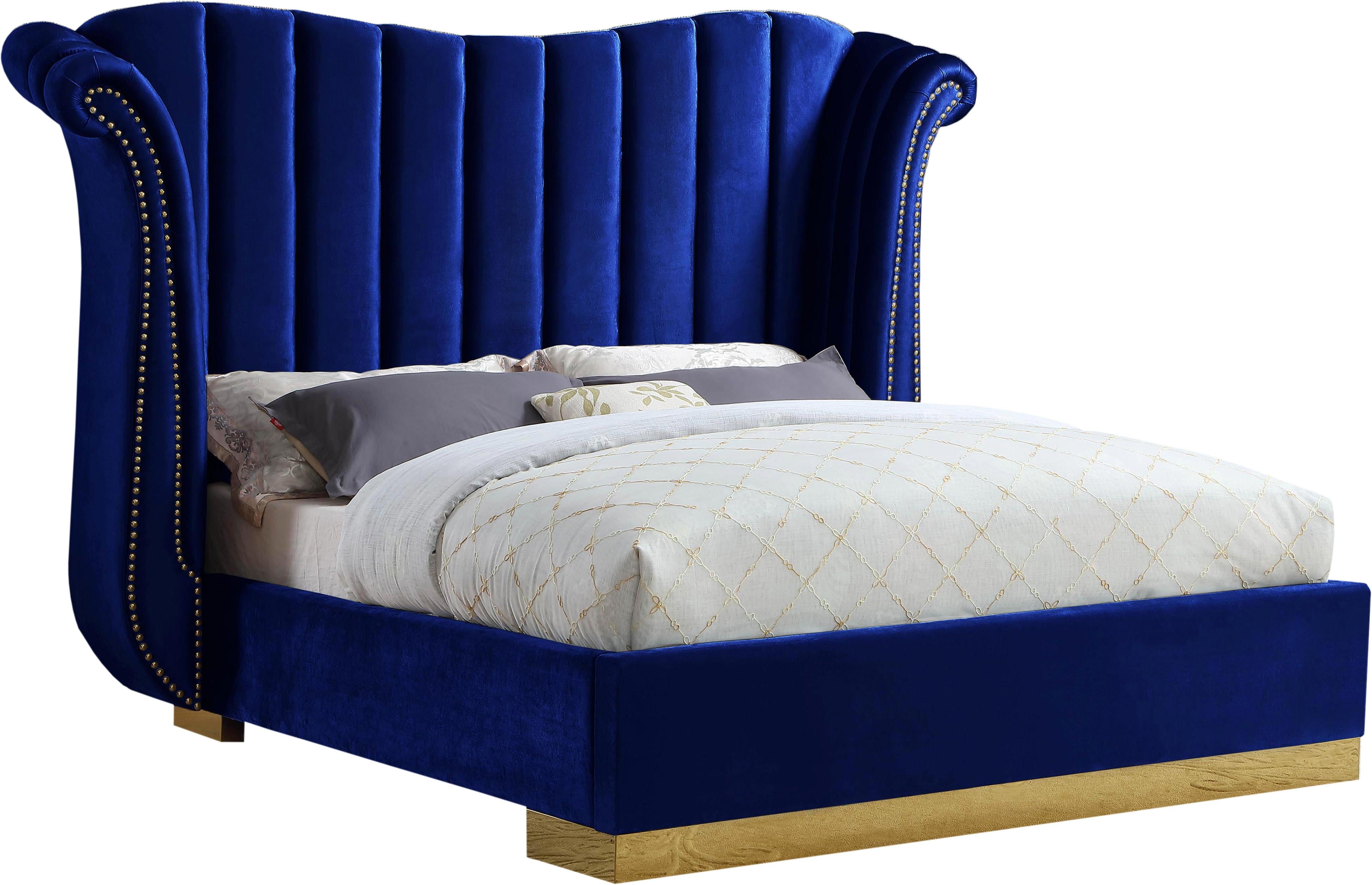 Flora Navy Velvet King Bed (3 Boxes) - Luxe Home Furnishings (Jersey City, NJ)