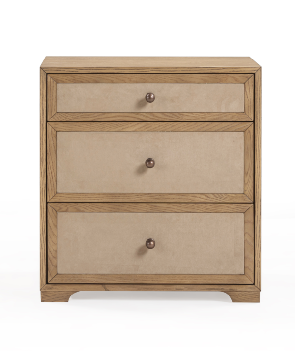 Laurentis 23.5" Light Taupe Suede and Wood 3-Drawer Nightstand - Luxe Home Furnishings (Jersey City, NJ)