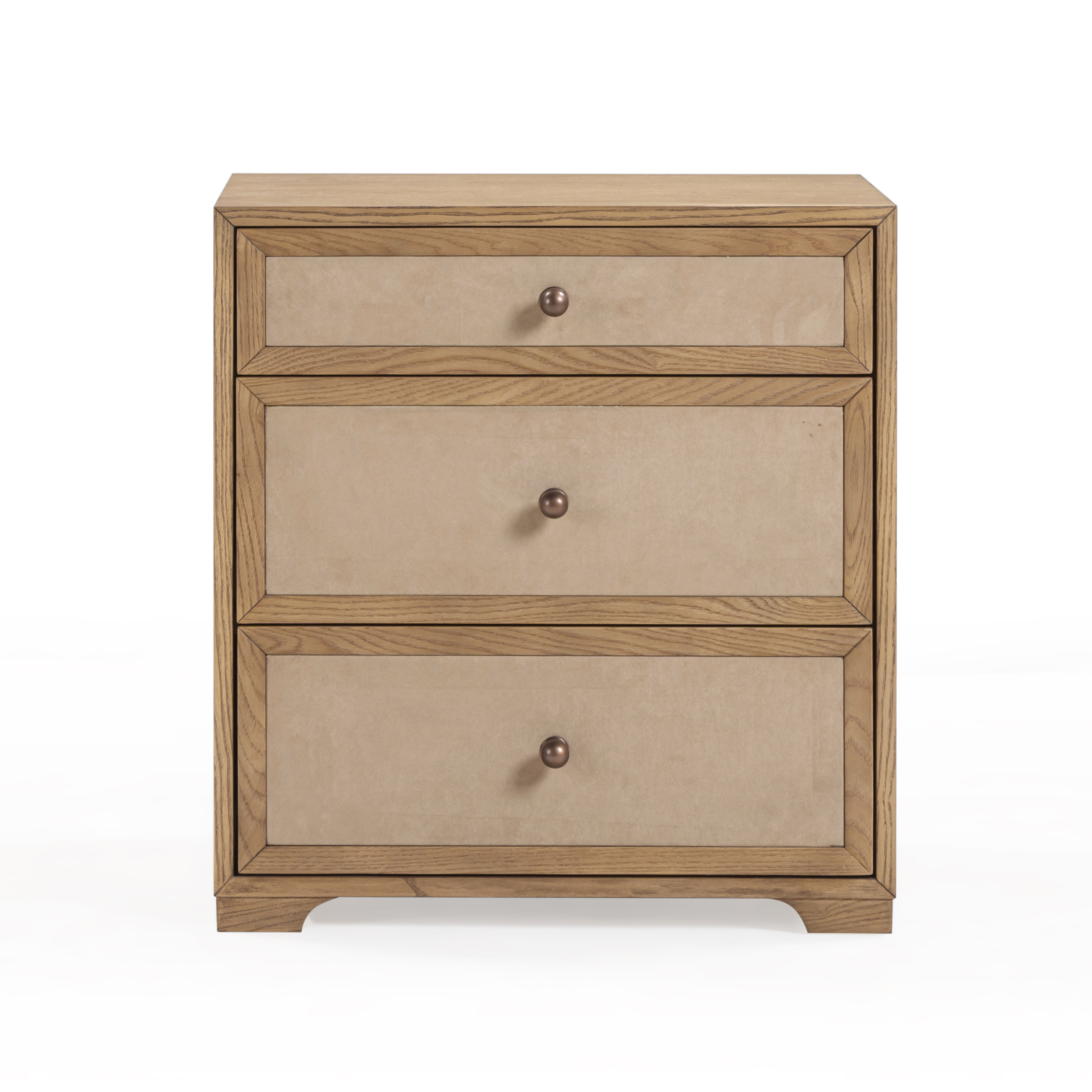 Laurentis 23.5" Light Taupe Suede and Wood 3-Drawer Nightstand - Luxe Home Furnishings (Jersey City, NJ)