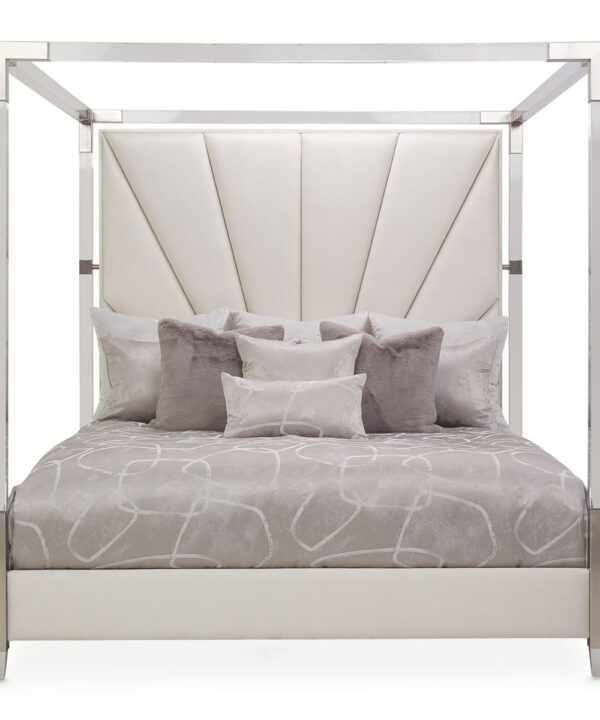 AICO Penthouse/Lanterna King Canopy Channel Tufted Upholstered Bed in Silver Mist image